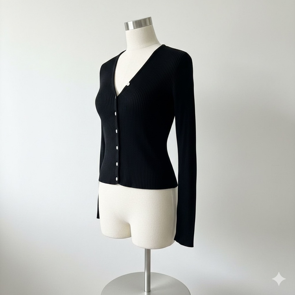 Black Ribbed Button-Up Cardigan